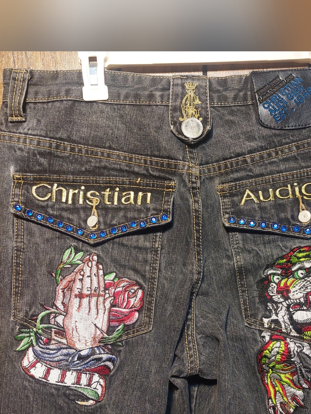Christian Audigier Black Ed Hardy Embroidered Men’s Jeans 34x30 Tiger Rose